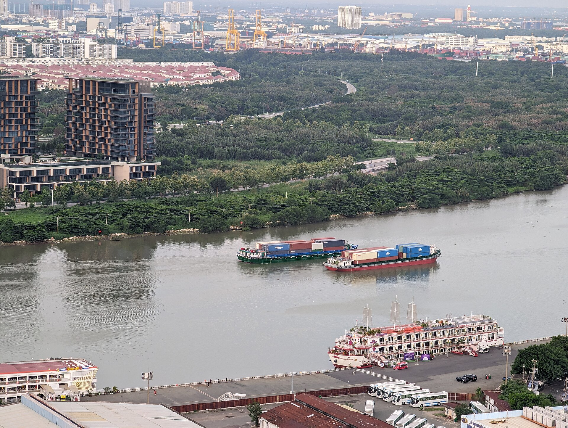 Container ships moored on a river